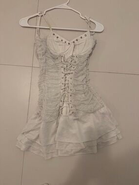 White Lace-Up Ruffle Mini Dress